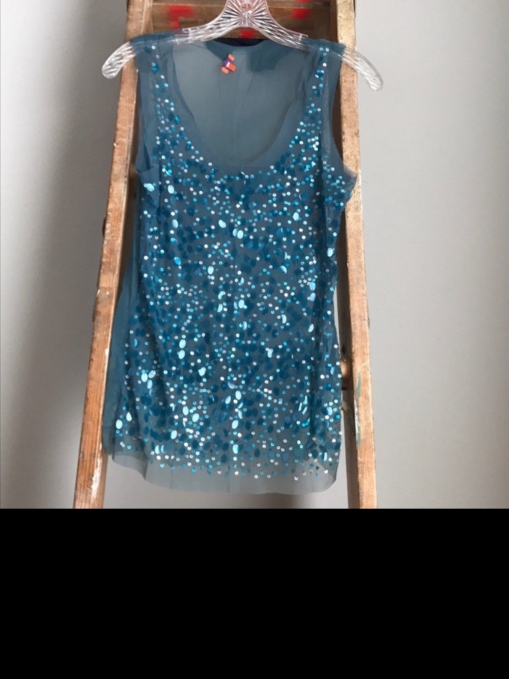 Teal Sequin Mesh Tank CHANN LUU teal blue tank top. Sequence front siz S